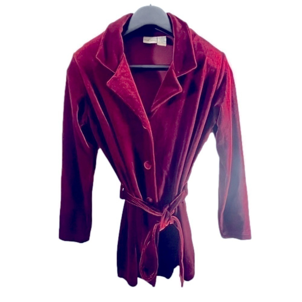 Vintage Dark Red Jacket Velvet Women’s Small Button BlazerTie Belt Layer